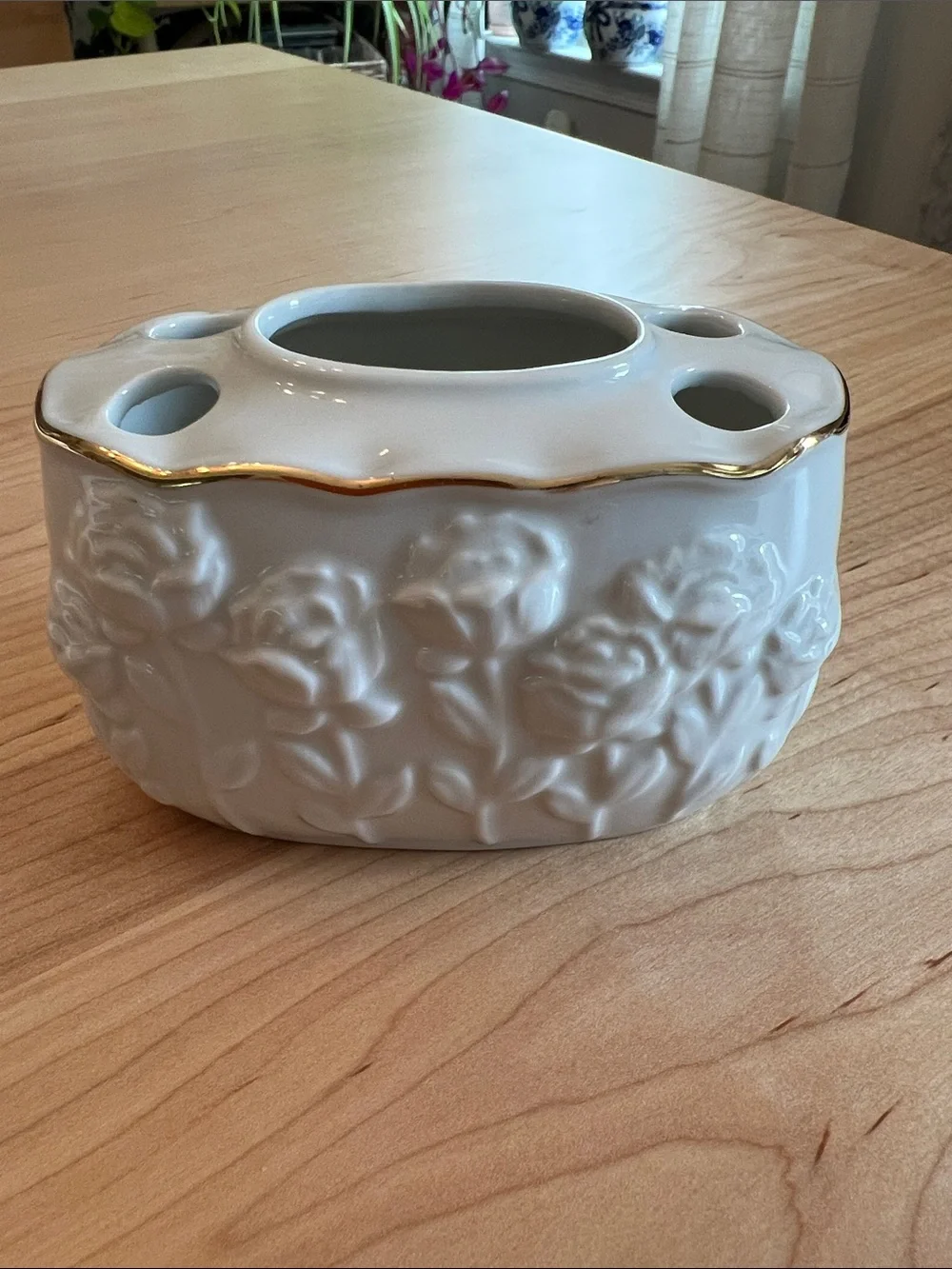 White Ceramic Floral Bud Vase with Gold Trim